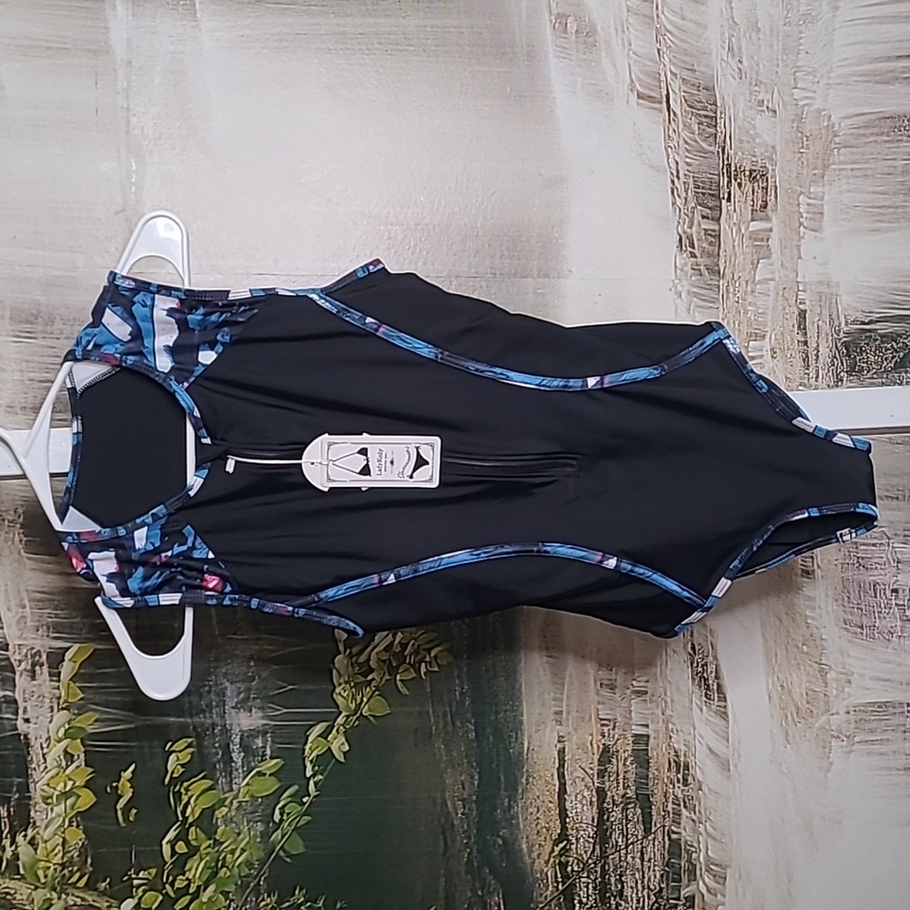 New with tags! LafyKoly Womens Large athletic black one piece zip up swim suit